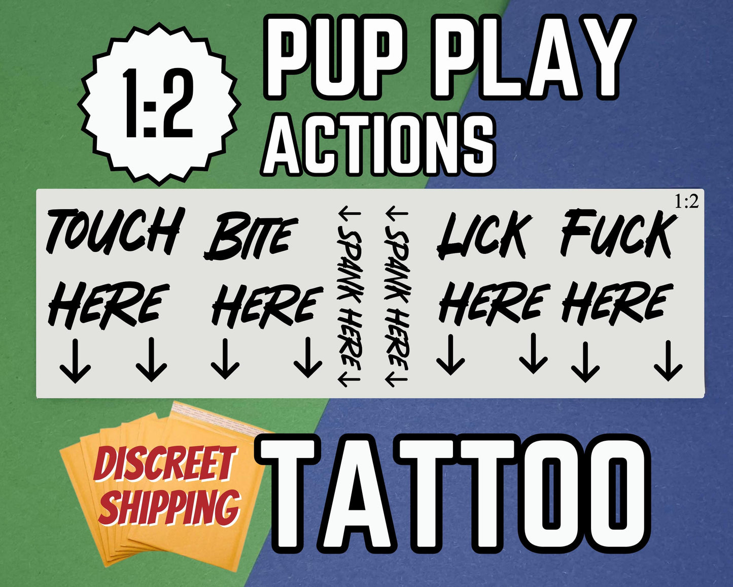 Pup Play Action Temporary Tattoos | Kinky Submissive Pet Play Tattoo Set for BDSM Roleplay, Touch/Bite/Lick/Spank Here Decals Discreet