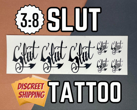 Slut Temporary Tattoo | Sexy Adult Fake Tattoo for Submissive Kink, BDSM Roleplay, Pet Play, Body Marking – 3 Size Pack Options, Discreet
