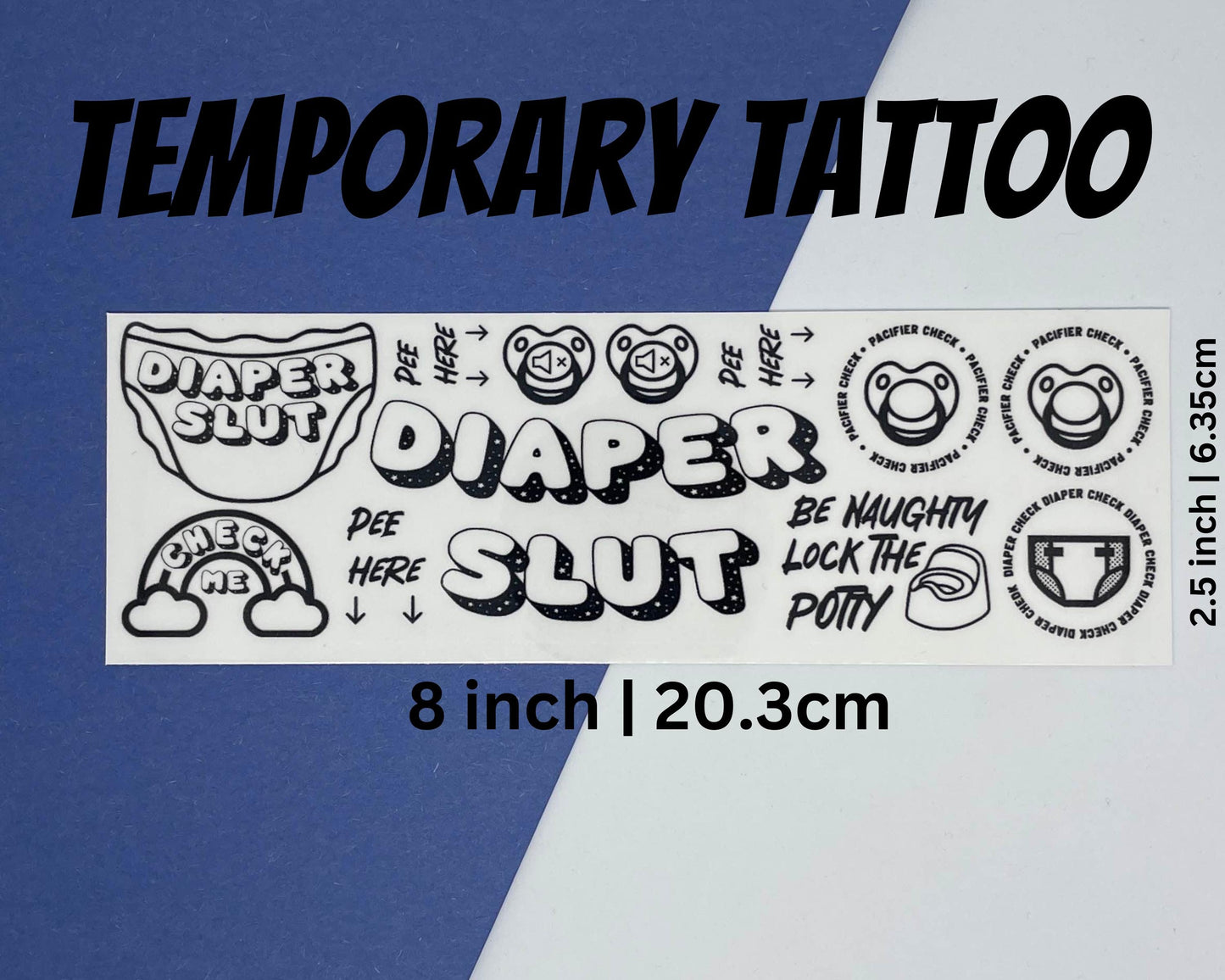 ABDL Temporary Tattoo Sheet Diaper Slut, Pee Here, Lock the Potty, Check Me Ageplay Kink Body Art for Littles, Diaper Lovers & Caregivers