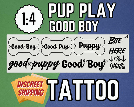 Pup Play Tattoos – Puppy Play Pet Play Tattoo Set for Submissive BDSM Roleplay, Good Boy/Girl Praise Decals, Bite Here Mutt Kink Accessories