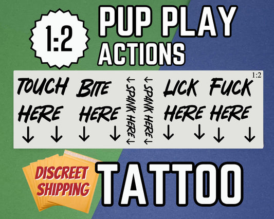 Pup Play Action Temporary Tattoos | Kinky Submissive Pet Play Tattoo Set for BDSM Roleplay, Touch/Bite/Lick/Spank Here Decals Discreet