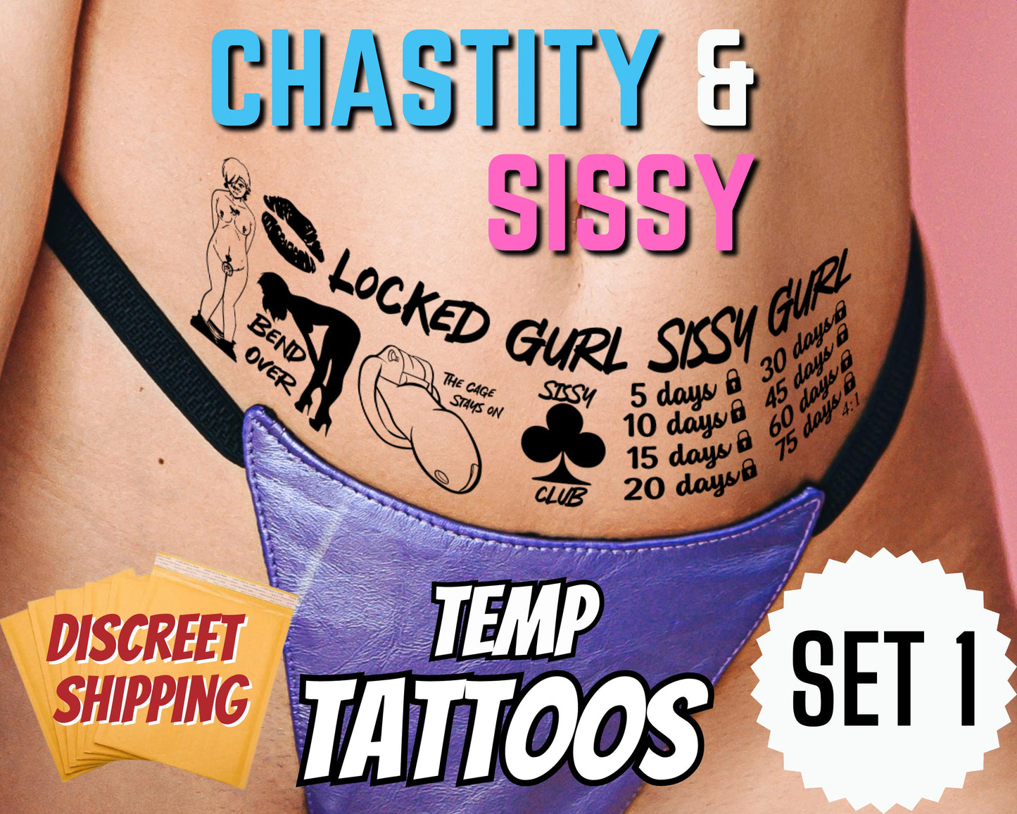 Sissy Temporary Tattoo Sheets | BDSM Chastity Cage Design Humiliation Play Kink Body Art Submissive Roleplay Accessory