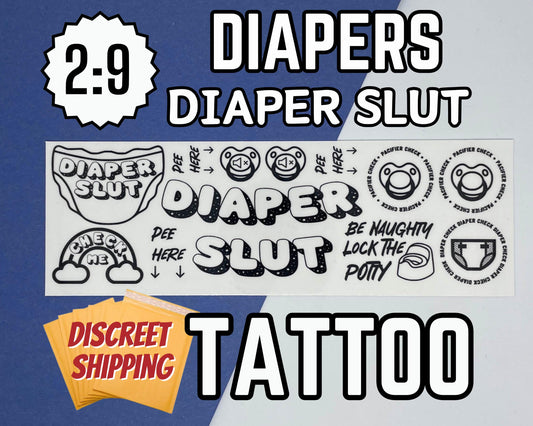 ABDL Temporary Tattoo Sheet Diaper Slut, Pee Here, Lock the Potty, Check Me Ageplay Kink Body Art for Littles, Diaper Lovers & Caregivers