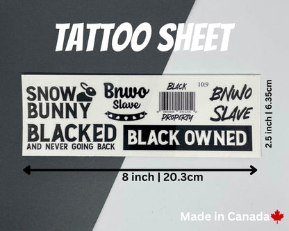 Black Owned Temporary Tattoo | QOS Tattoo, BNWO, BBC Tattoo, Queen of Spades Tattoo Snow Bunny Tattoo, Blacked tattoo, Sheet of 6 Tattoos