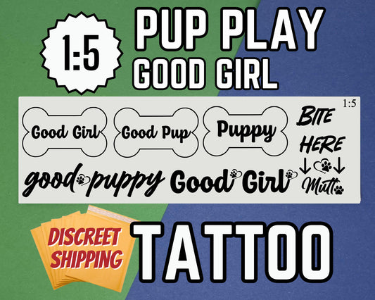 Pup Play Tattoos – Puppy Play Pet Play Tattoo Set for Submissive BDSM Roleplay, Good Boy/Girl Praise Decals, Bite Here Mutt Kink Accessories