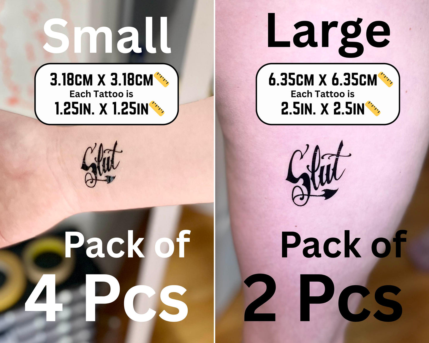 Slut Temporary Tattoo | Sexy Adult Fake Tattoo for Submissive Kink, BDSM Roleplay, Pet Play, Body Marking – 3 Size Pack Options, Discreet